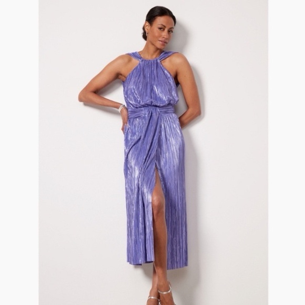 NWT Sabina Musayev Shiraz Shimmery Metallic Halter Midi Dress